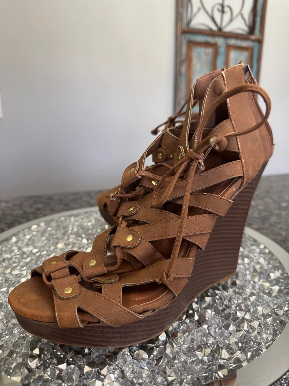 Dollhouse Brown Lace-Up Strappy Wedge Sandals NWOT 9